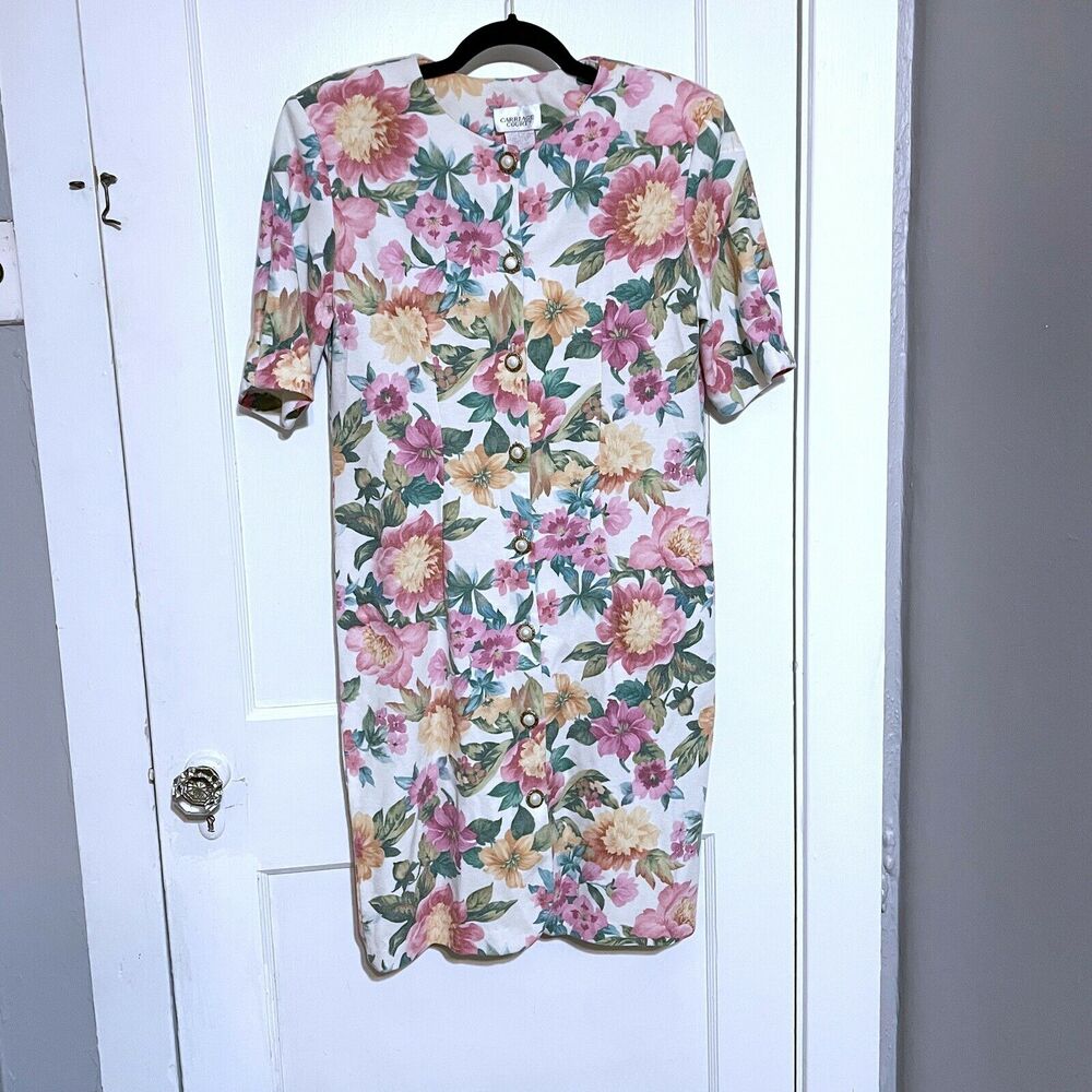 Vintage Carriage Court Size 12 Floral Pearl Button Front Knit Dress 1980’s